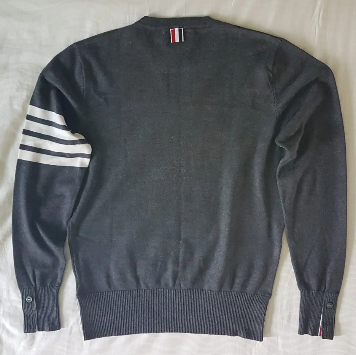 Thom Browne Thom Browne New York Cashmere Jumper, Dark Gray Sweater, Made in JAPAN, Signature 4-Bar White Stripes, Red, White & Red Loop Tab, Luxury Living, Cosmopolitan, Cool Pullover, Timeless Appeal, Urban Style, Sophistication, Travel Essentials, Pop Culture - Photo 8