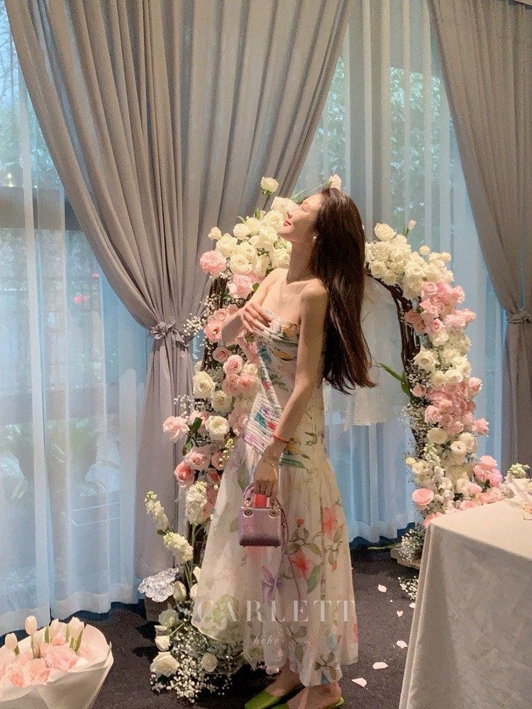 Scarlette HEHE Studio | Falling Flower Bloom French Suspender Skirt | Dress | Long Dress - Photo 4