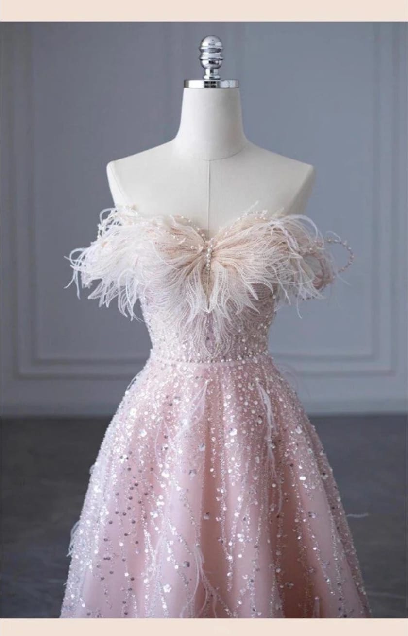 Ethereal Pink Off-Shoulder Feather Gown - Photo 3