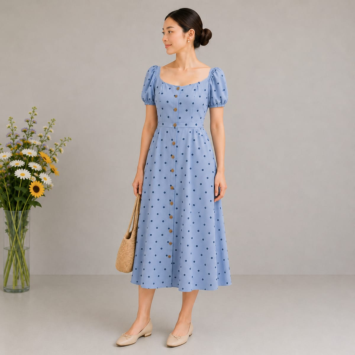  Blue Polka Dot Puff Sleeve Midi Dress