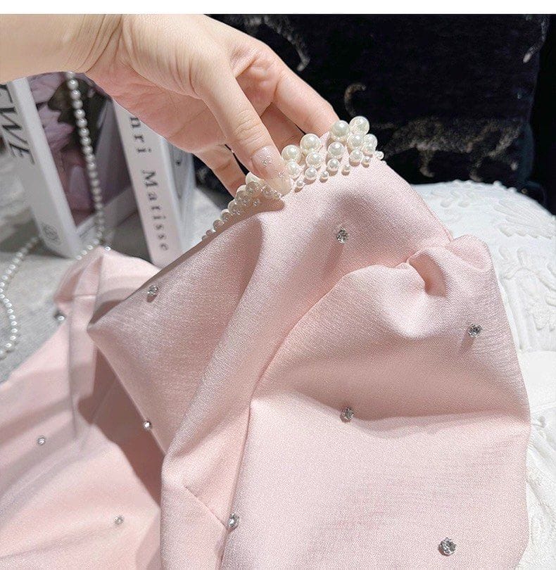 Fanyfloss French Slimming Party Short Dress Elegant Pearl-Accented Pink Mini Dress - Photo 8