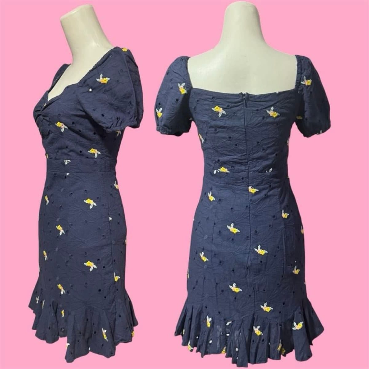 Floral Eyelet Navy Dress with Ruffle Hem - Photo 2
