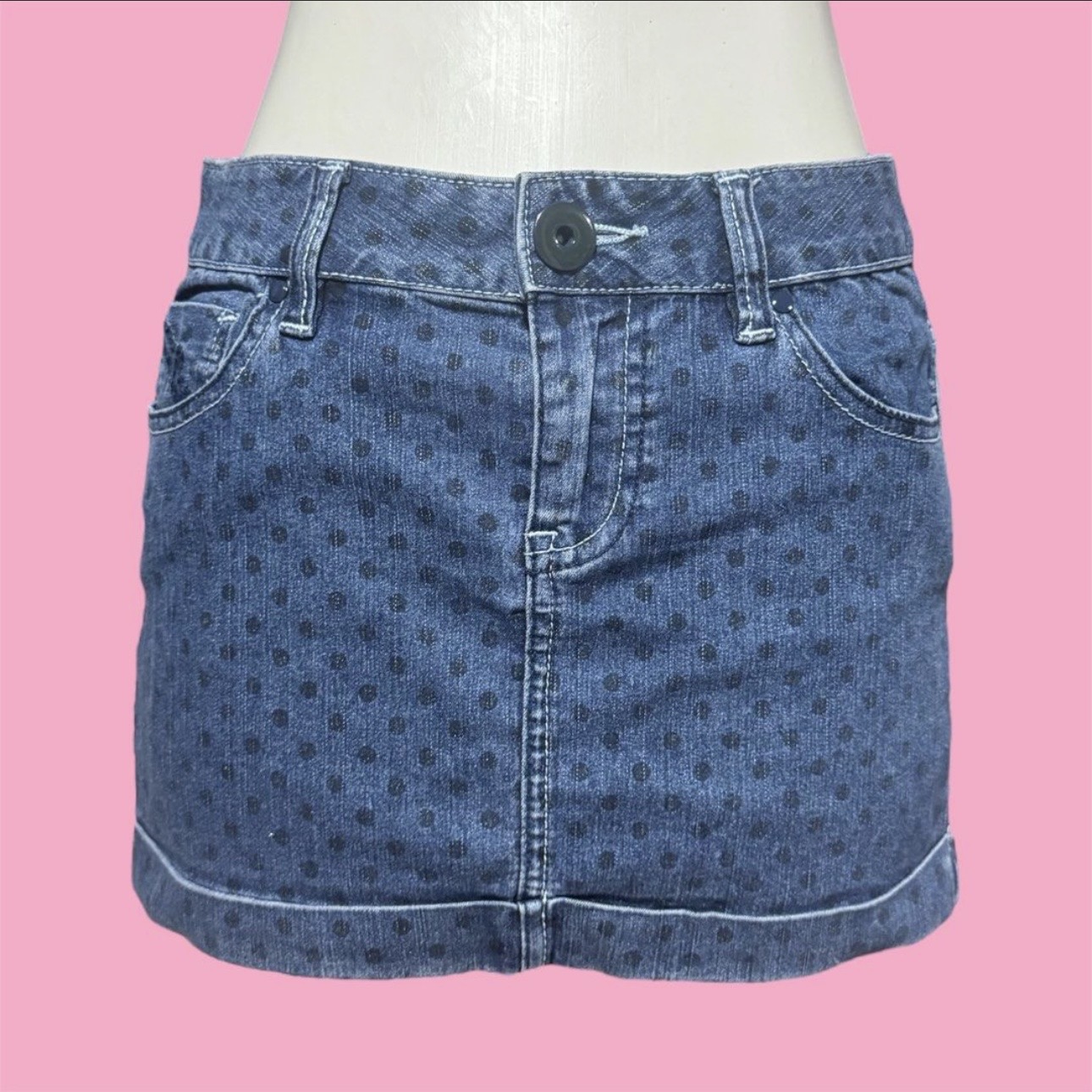 y2k denim polkadot mini skirt
