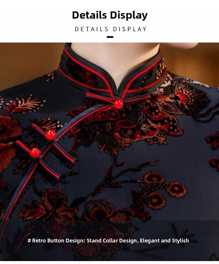 Elegant Black Red Retro Floral Cheongsam Dress - Photo 6