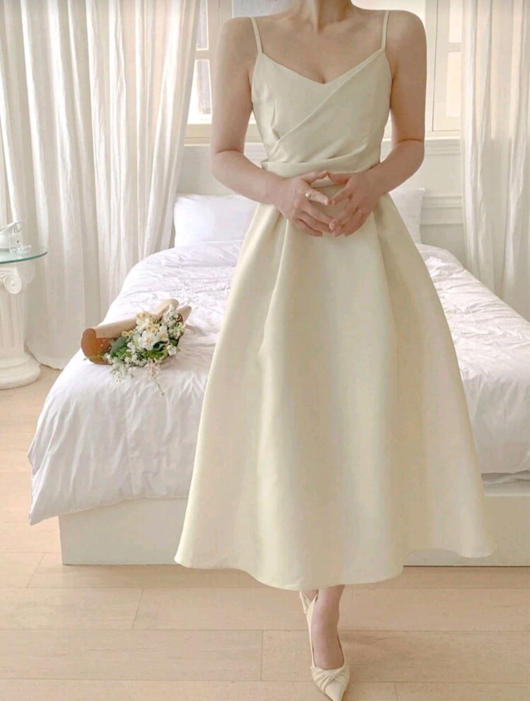 Zalora Elegant Cream Midi Silk Dress