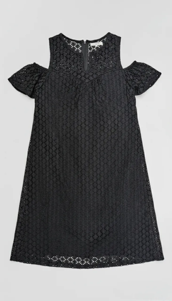 Valleygirl Valleygirl Off Shoulder Flutter Sleeves Embroidered Mini Shift Dress - Black (Size S) - Photo 2