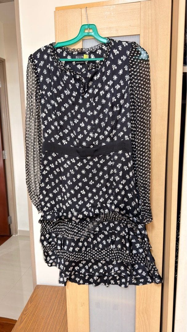 BLUM Chic Floral Black Dress with Sheer Sleeves