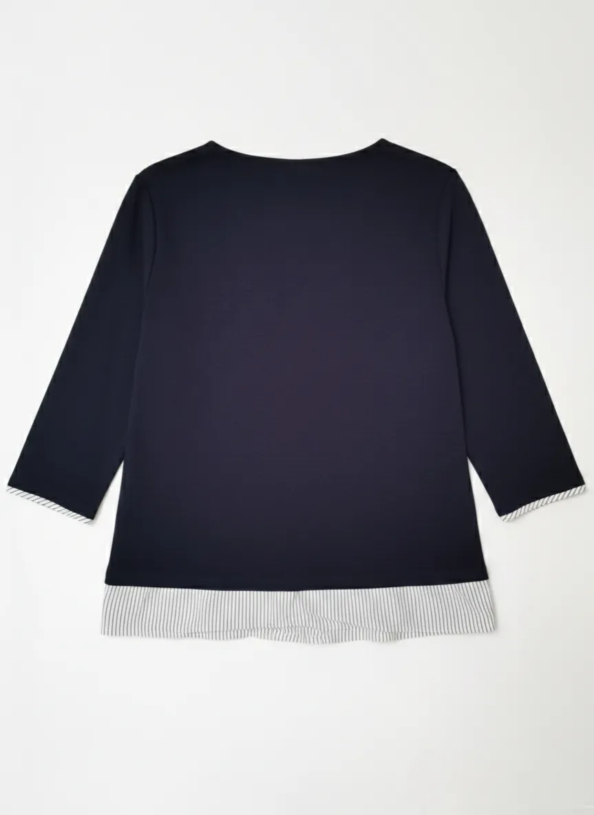 iORA iORA Navy Blue 3/4 Sleeve Smart Casual Formal Office Work Shirt Blouse Top with Striped Hem - Photo 2