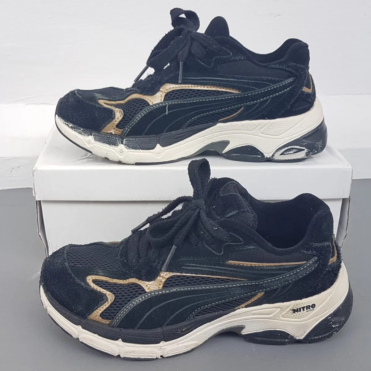Puma Original PUMA TEVERIS NITRO Metallic Sneakers, Cool Suede Model, Black & Gold Running Shoes, US 4, UK 3, EUR 35.5, CM 22Cosmopolitan, Timeless Appeal, Sleek Design, Sophistication, Streetwise, Pop Culture, Roadster, Cult Street Fashion, Urban Style