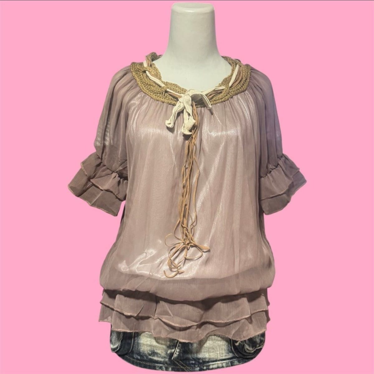 Mori Kei Crochet Collar Chiffon Babydoll Top