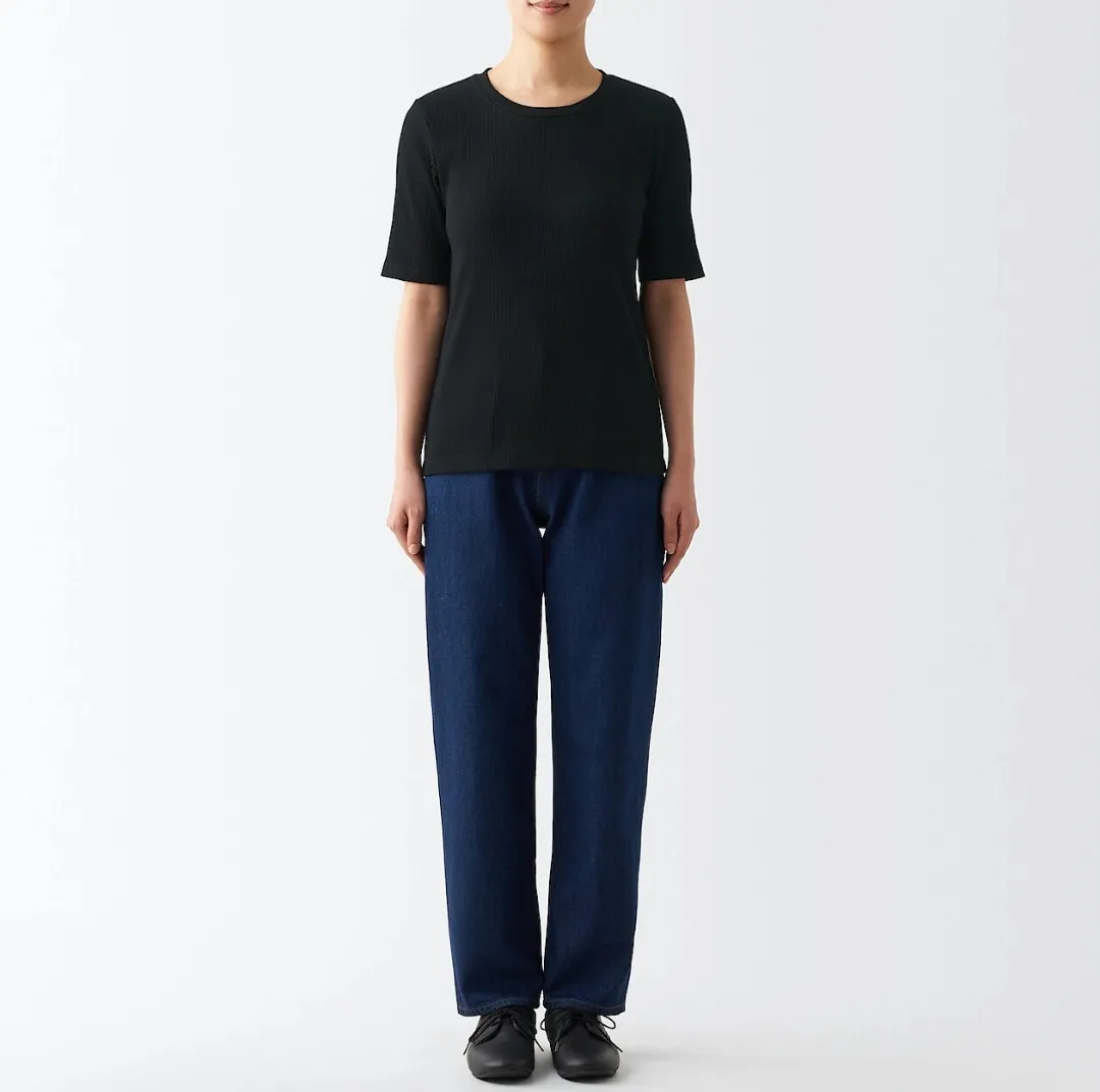 Muji Muji Female Stretch Ribbed Half Sleeve Round Neck Cotton T-shirt Shirt Top (Size S) - Photo 2