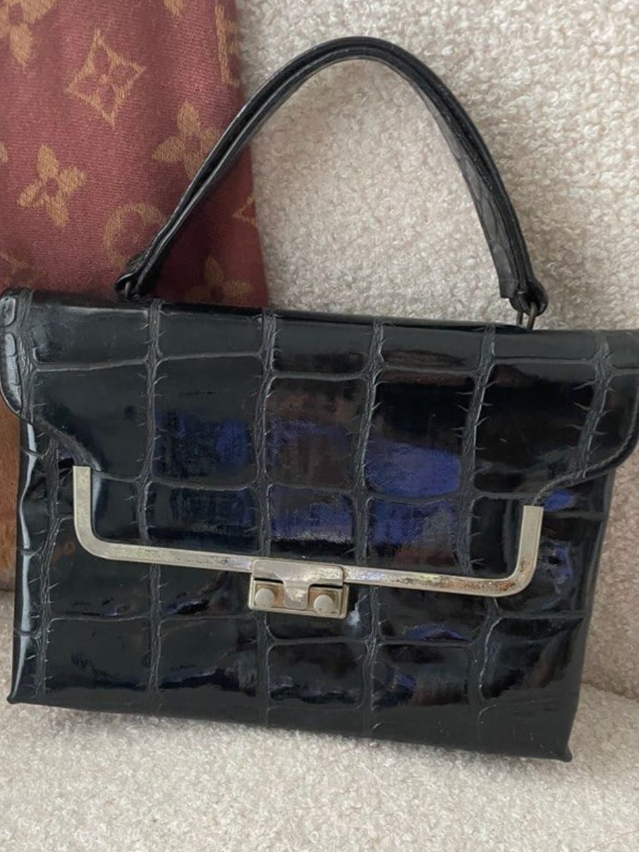 Chic Croc Embossed Black Handbag - Vintage