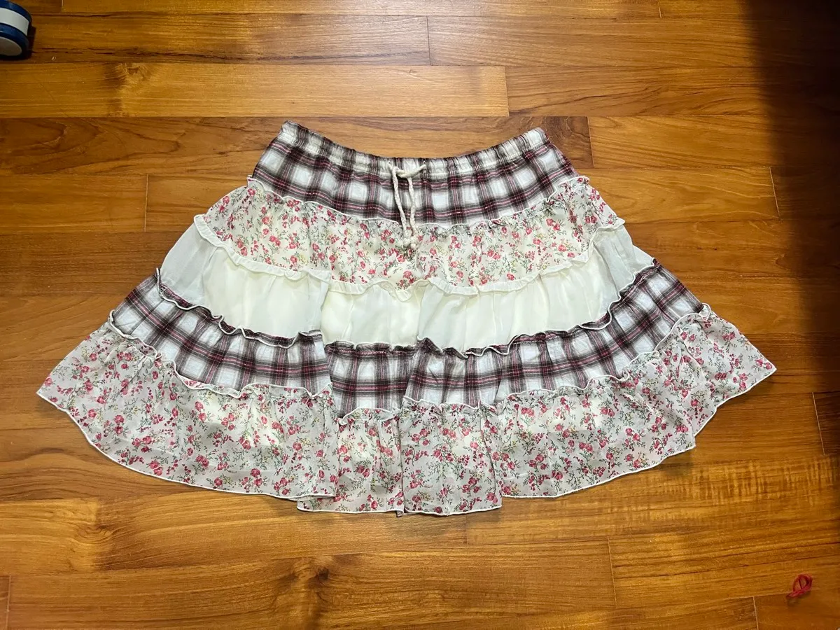 plaid and floral tiered skirt