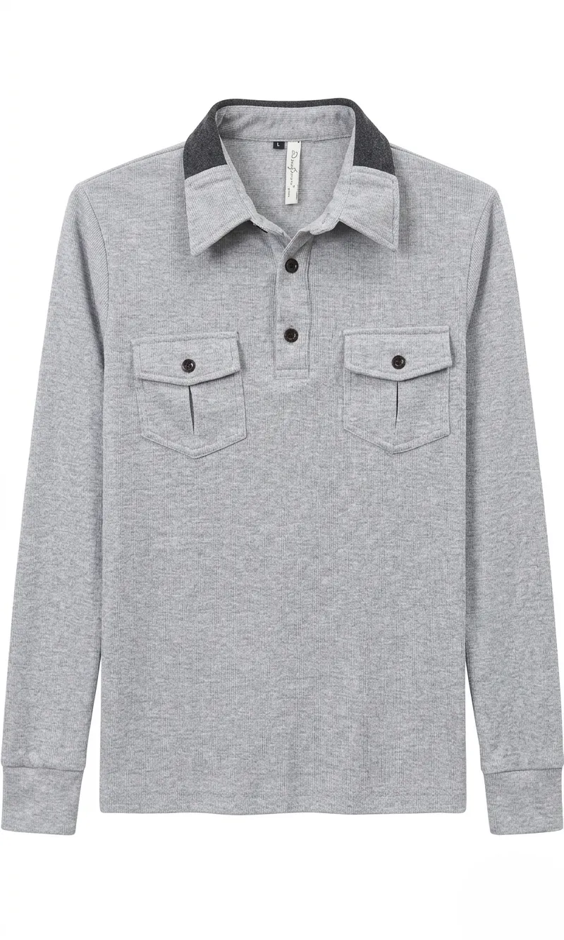 Men Thick Warm Cotton Light Grey Long Sleeves Button Collar Polo Shirt Top