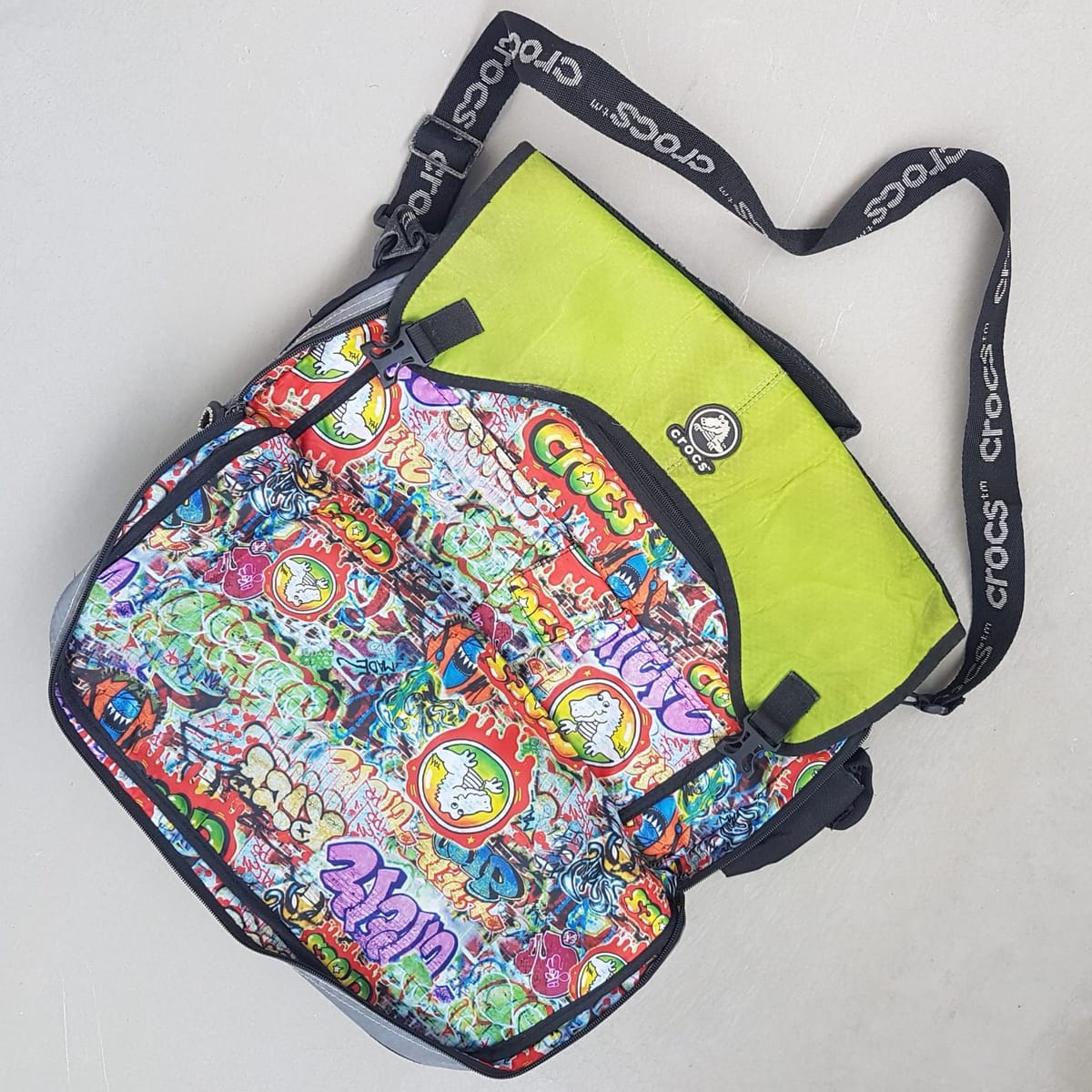 CROCS Original CROCS Tote Bag, Cross-Body, Cool Duffel Bag, Cosmopolitan, Messenger, Sleek Black, Gray & Lime Green Design, Inside Colorful Graffiti, Work Bag, Travel Pack, Sling Bag, Sophistication, Campus, Laptop, Notebook, Urban Style, Cult Street Fashion - Photo 2