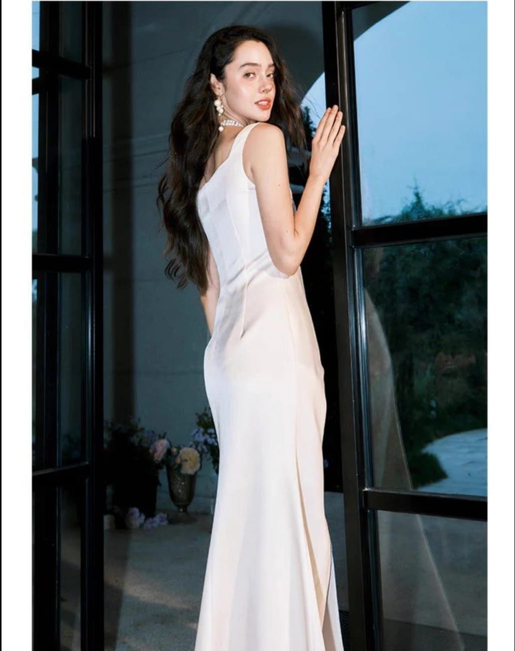 White Spaghetti Strap Dress, Waist-Cinching, Elegant, Long Gown - Photo 7