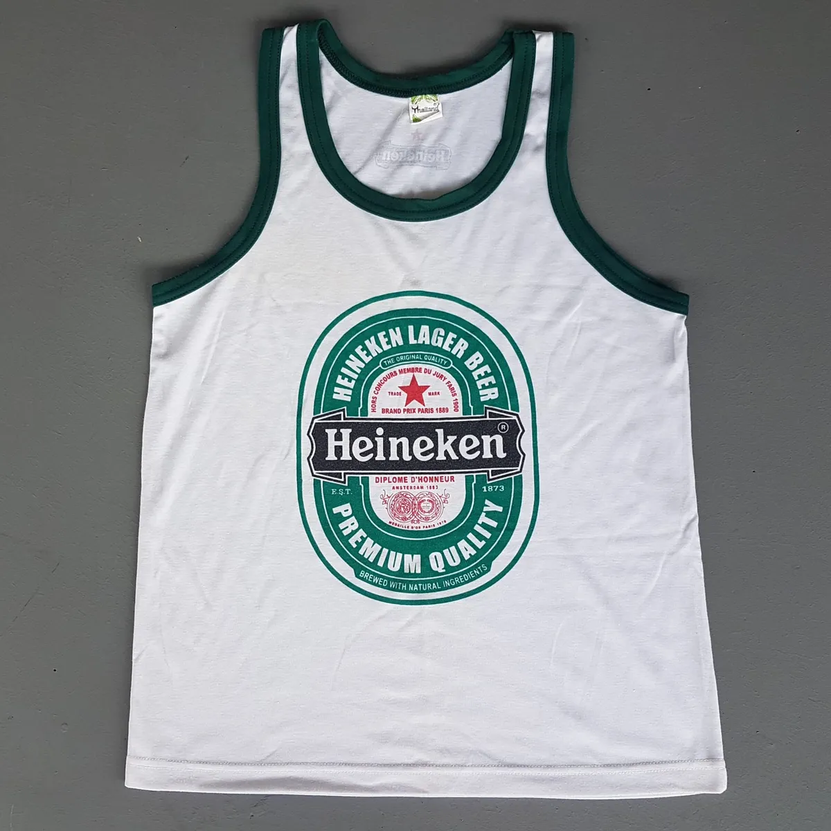 Retro HEINEKEN Beer TANK Top, Cool Sleeveless T-Shirt, White Designer Tee & Green Trim, Beer Singlet, Cosmopolitan, Thailand MEDIUM, Sleek Model, Sophistication, Streetwise, Pop Culture, Roadster, Urban Style, Summer Holidays, Cult Street Fashion