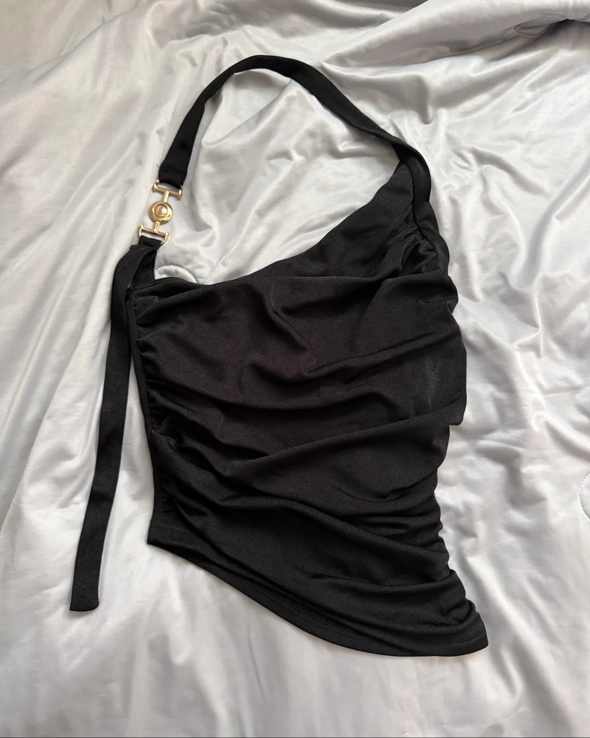 Chic Black Ruched Halter Top