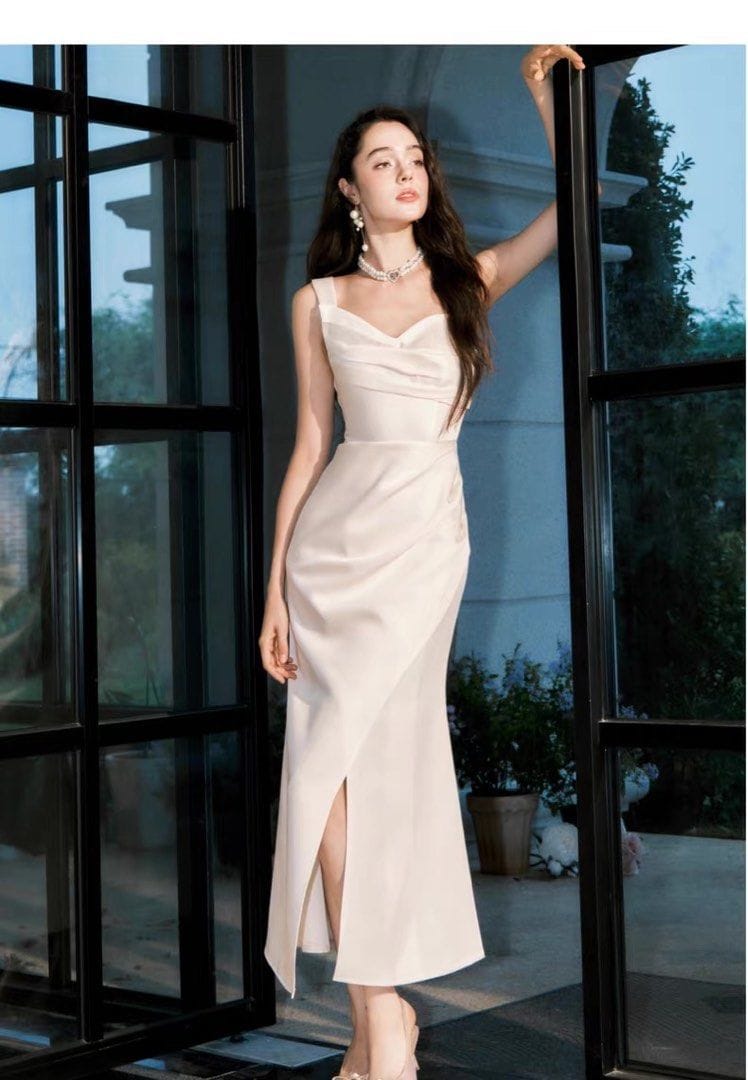 White Spaghetti Strap Dress, Waist-Cinching, Elegant, Long Gown
