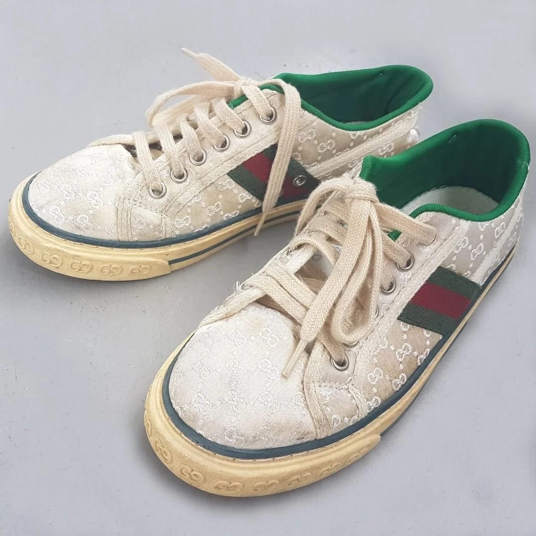 Luxury GUCCI Tennis 1977 Sneakers, made in ITALY, Size 37, Cool GUCCI Monogram, Retro Off-White Low-Cut Shoes, GUCCI Red & Dark Green Colors - Photo 7