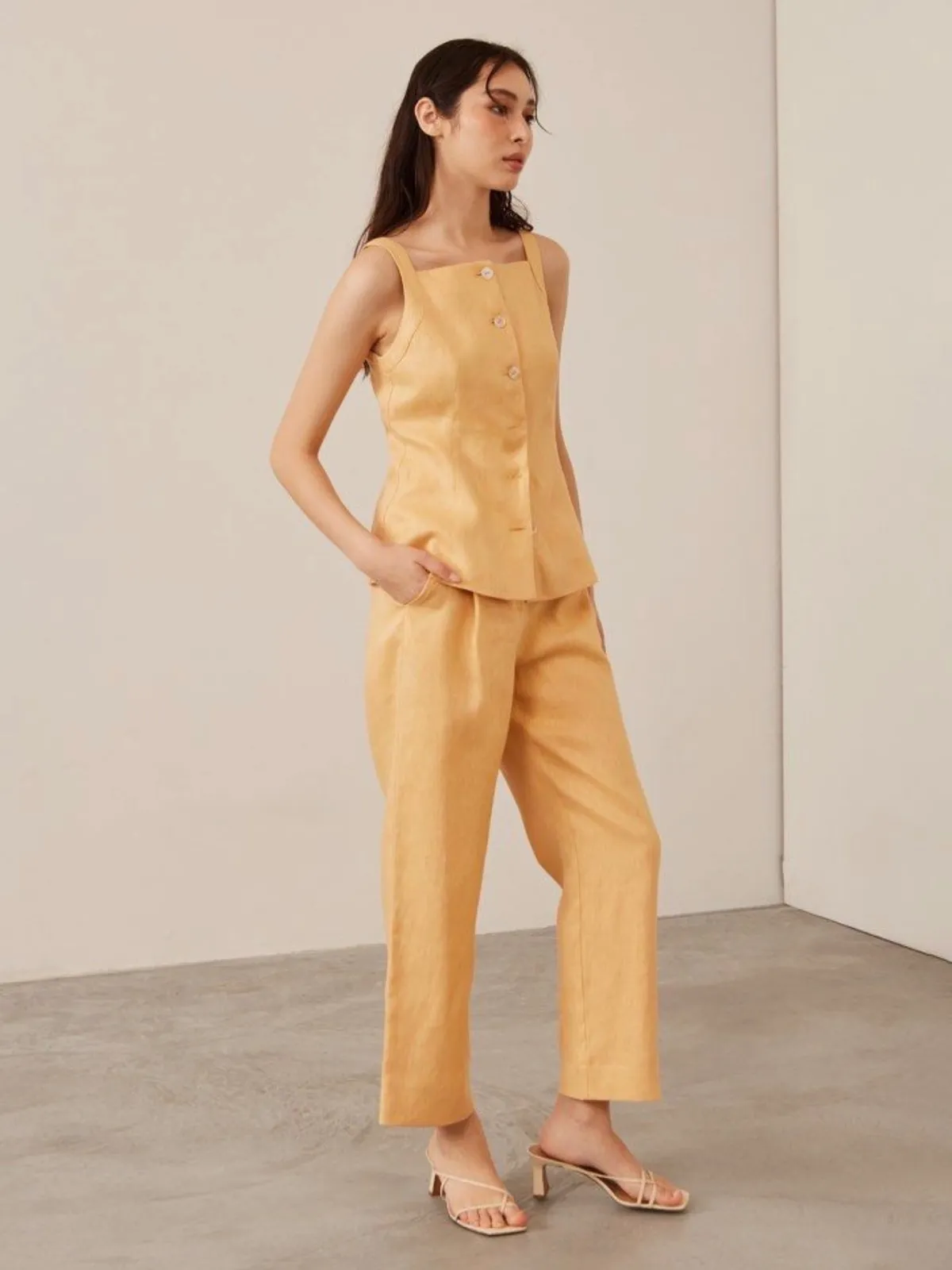 Our Second Nature Yellow Linen Square Neck Tank Top & Wide Leg Pants Set