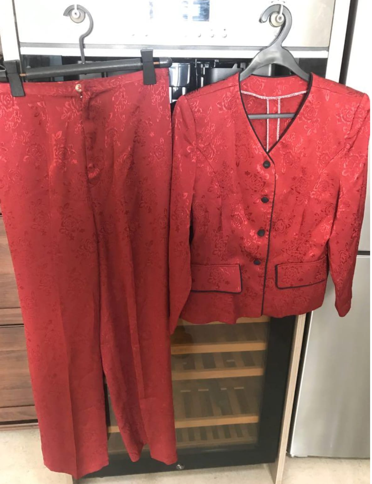 Chic Red Brocade Suit Set