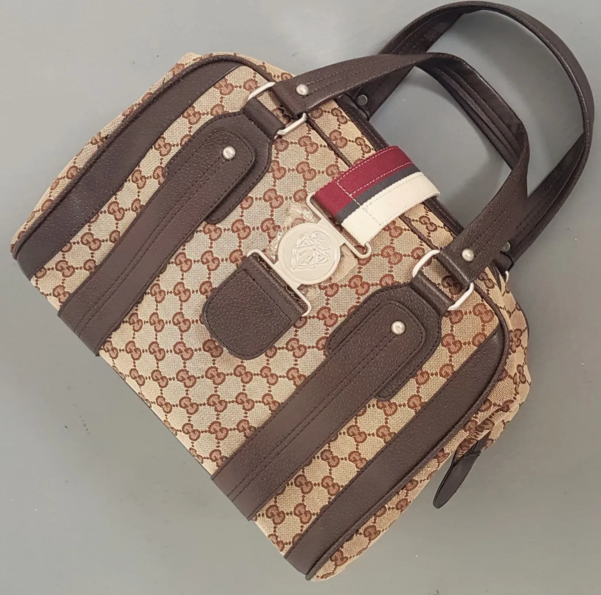 Retro GUCCI Aviatrix Boston Bag, ITALY, Gucci GG Monogram, Brown & Beige, Gucci Crest Enclosure, Cosmopolitan, Tote, Duffle, Haute Couture, Luxury Bag, Urban Style, Pop Culture, Sophistication, Timeless Appeal, Cult Street Fashion, Everyday Handbag,