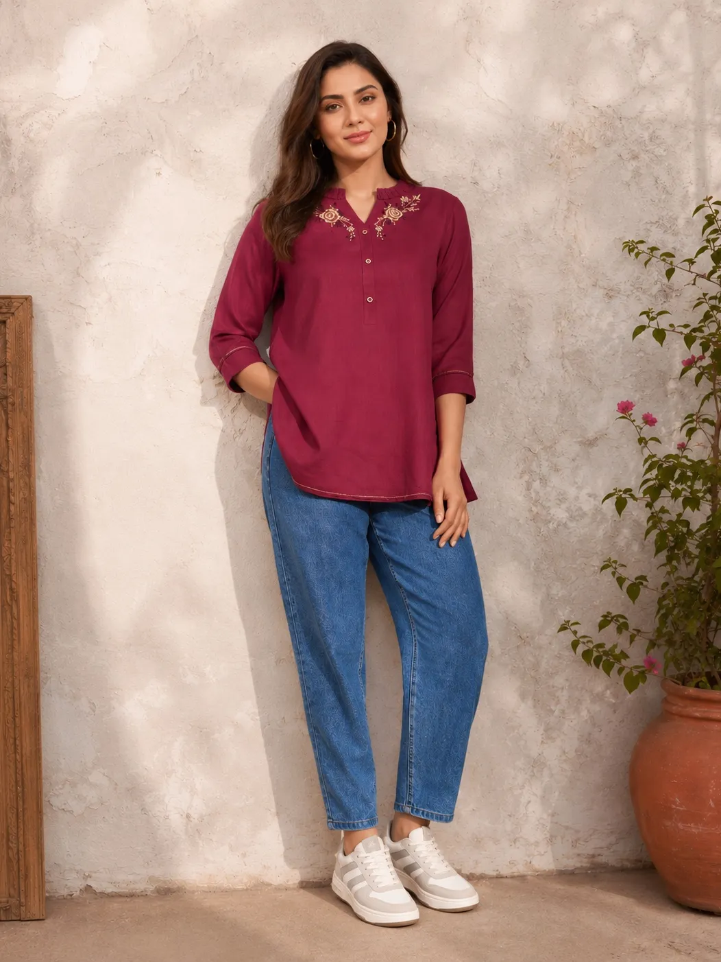 Hunar Maroon Linen Cotton Kurti Top- Size 38 (M)/ - Photo 2