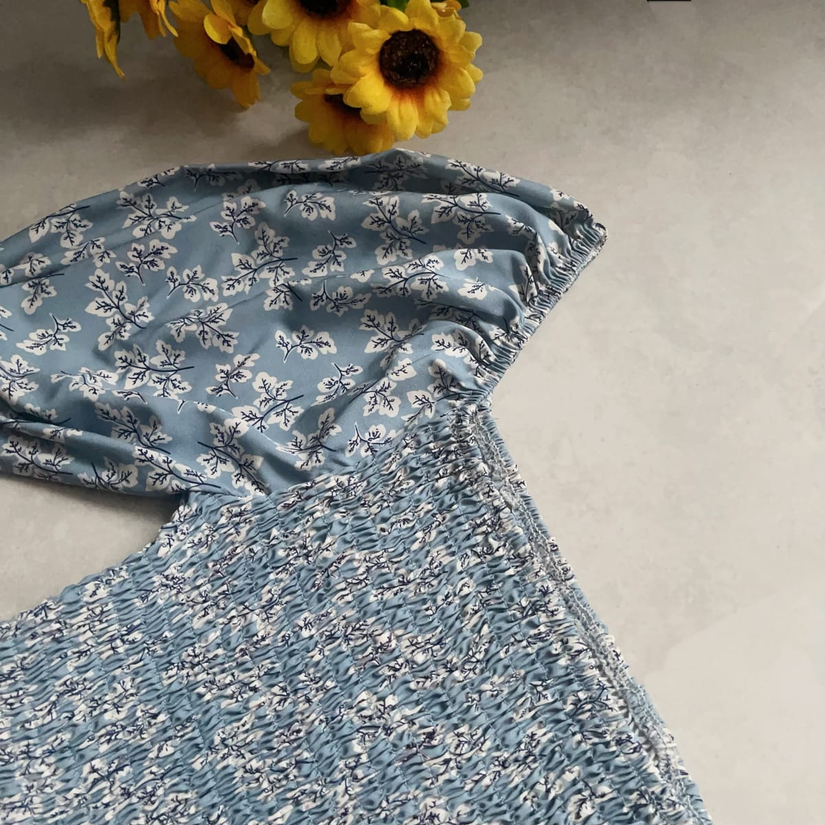 Blue Floral Smocked Puff Sleeve Mini Dress - Photo 3