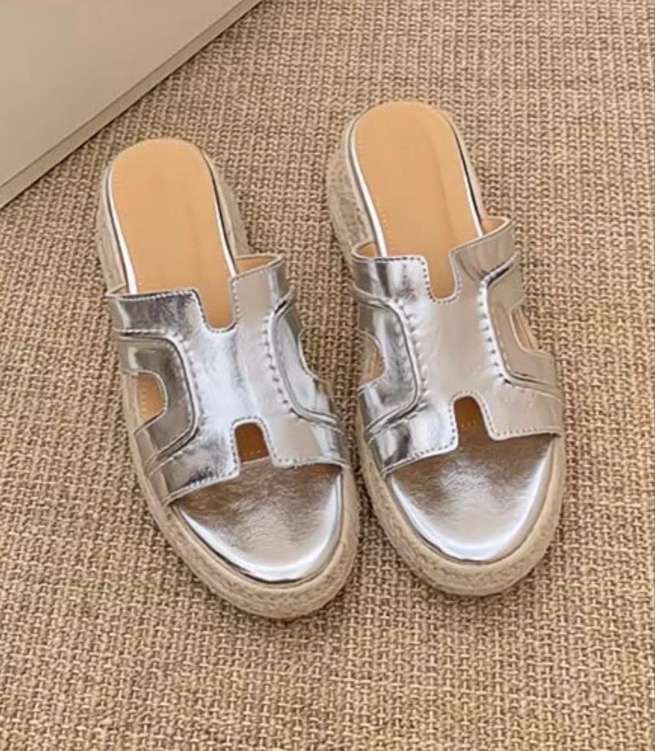 Shiny Silver Espadrille Slides (5cm comfy fashion sandals)