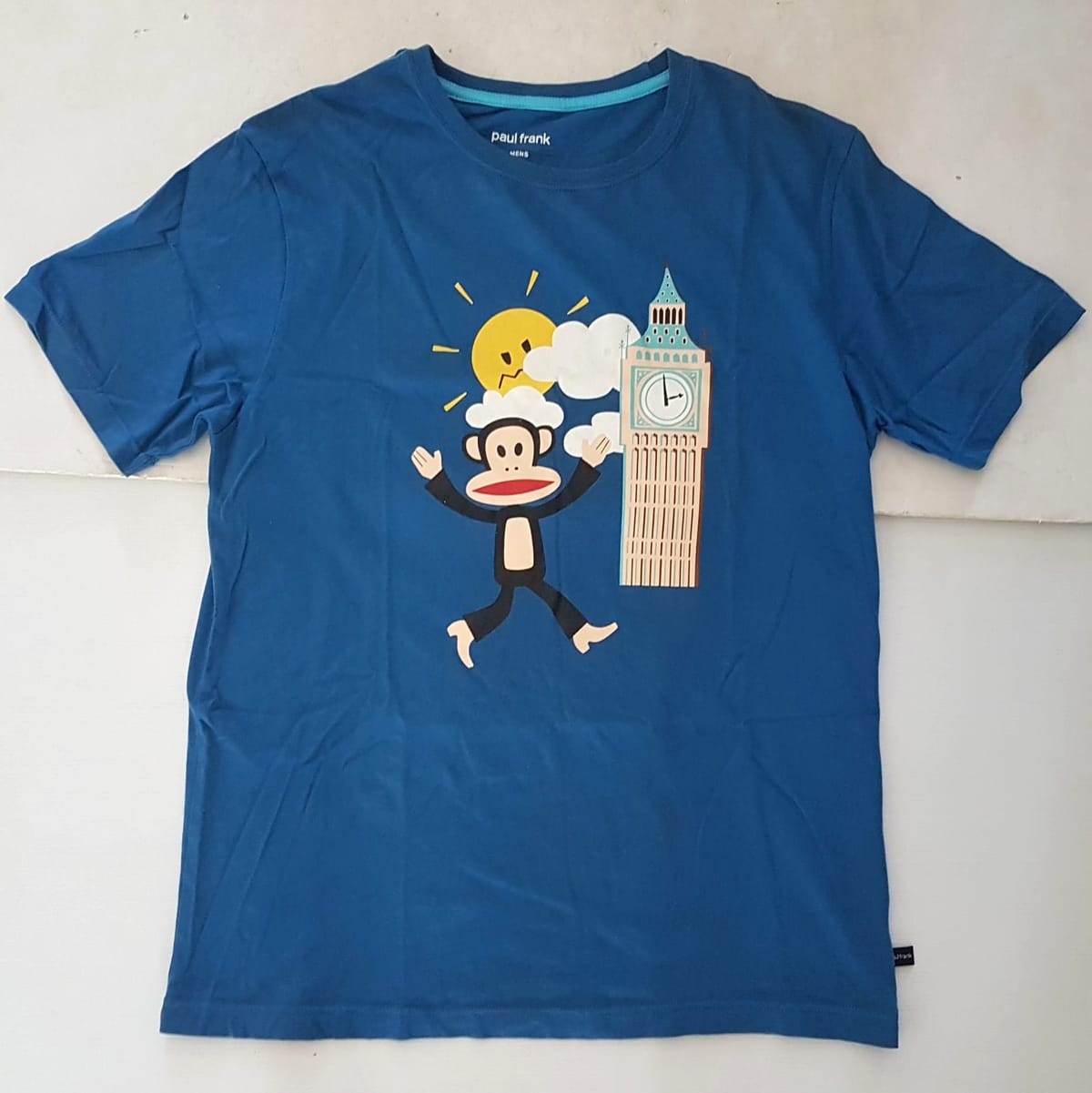Original PAUL FRANK London T-Shirt, Cool Sky-Blue Top, Cosmopolitan, Designer Apparels, Luxury Wear, Sleek Monkey Logo with Big Ben Graphic Tee, Timeless Appeal, Sophistication, Streetwise, Urban Style, Cult Street Fashion, Pop Culture, Summer Holiday