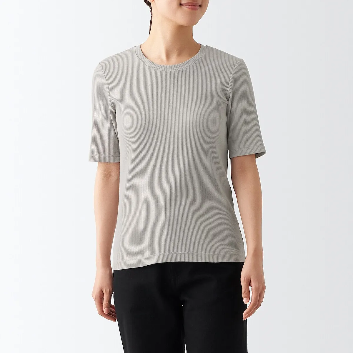 Muji Muji Female Grey Stretch Ribbed Half Sleeve Round Crew Neck Cotton T-shirt Shirt Top