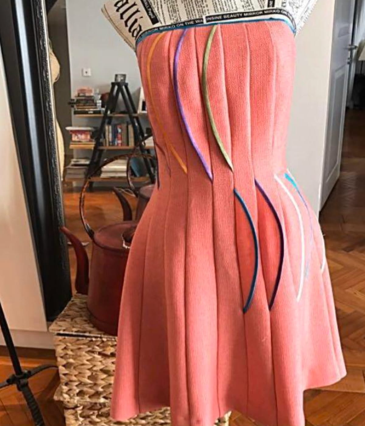Vibrant Coral Knit Dress with Rainbow Accents