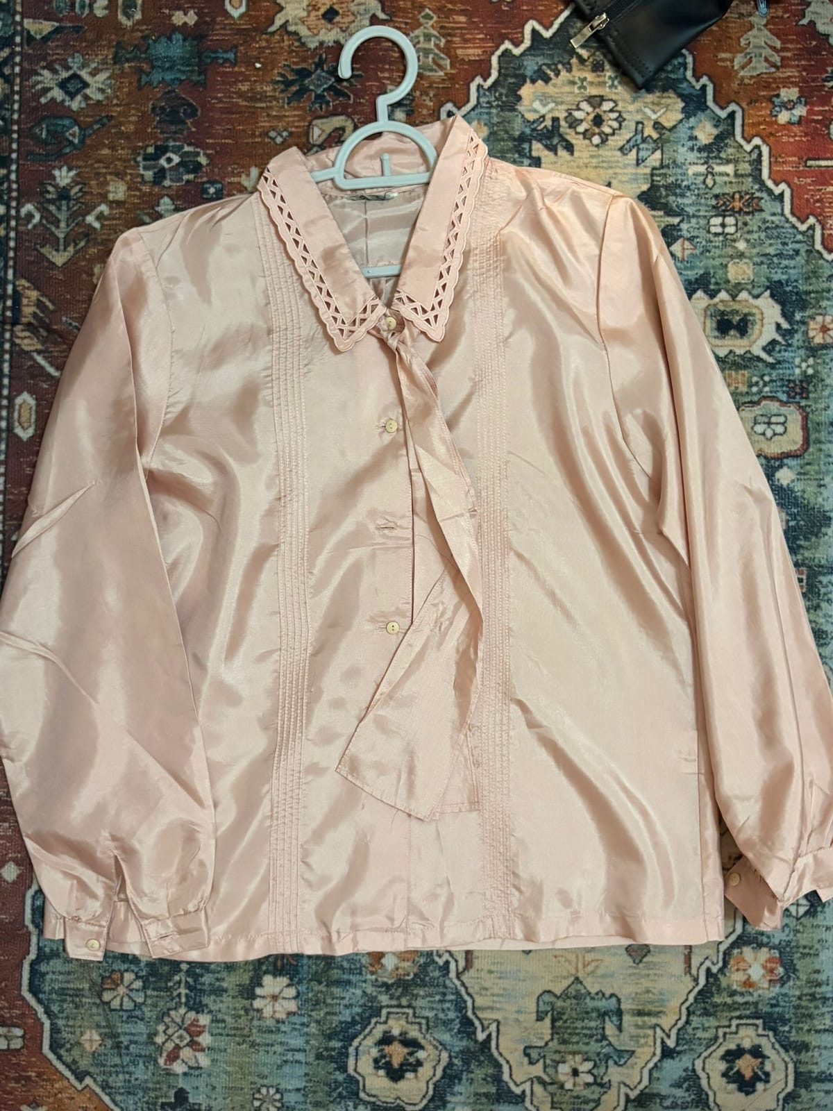 Vintage Blush Satin Blouse with Ribbon Tie