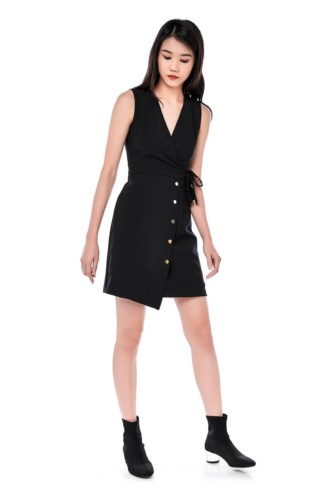 The Editor's Market TEM The Editor's Market Morsana Overlap Wrap Dress with Buttons in Black - Photo 5