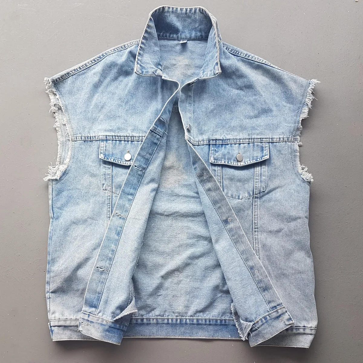 Korean Retro KOREAN 예희 Denim Sleeveless Jacket, Oversize LARGE, Stone Washed, Cosmopolitan, 6 Front Buttons, 2 Flap Pockets, 2 Side Pockets, Timeless Classic, Western Designer Outerwear, Pop Culture, Hip Hop, Rock Star, Biker, Street Fashion
