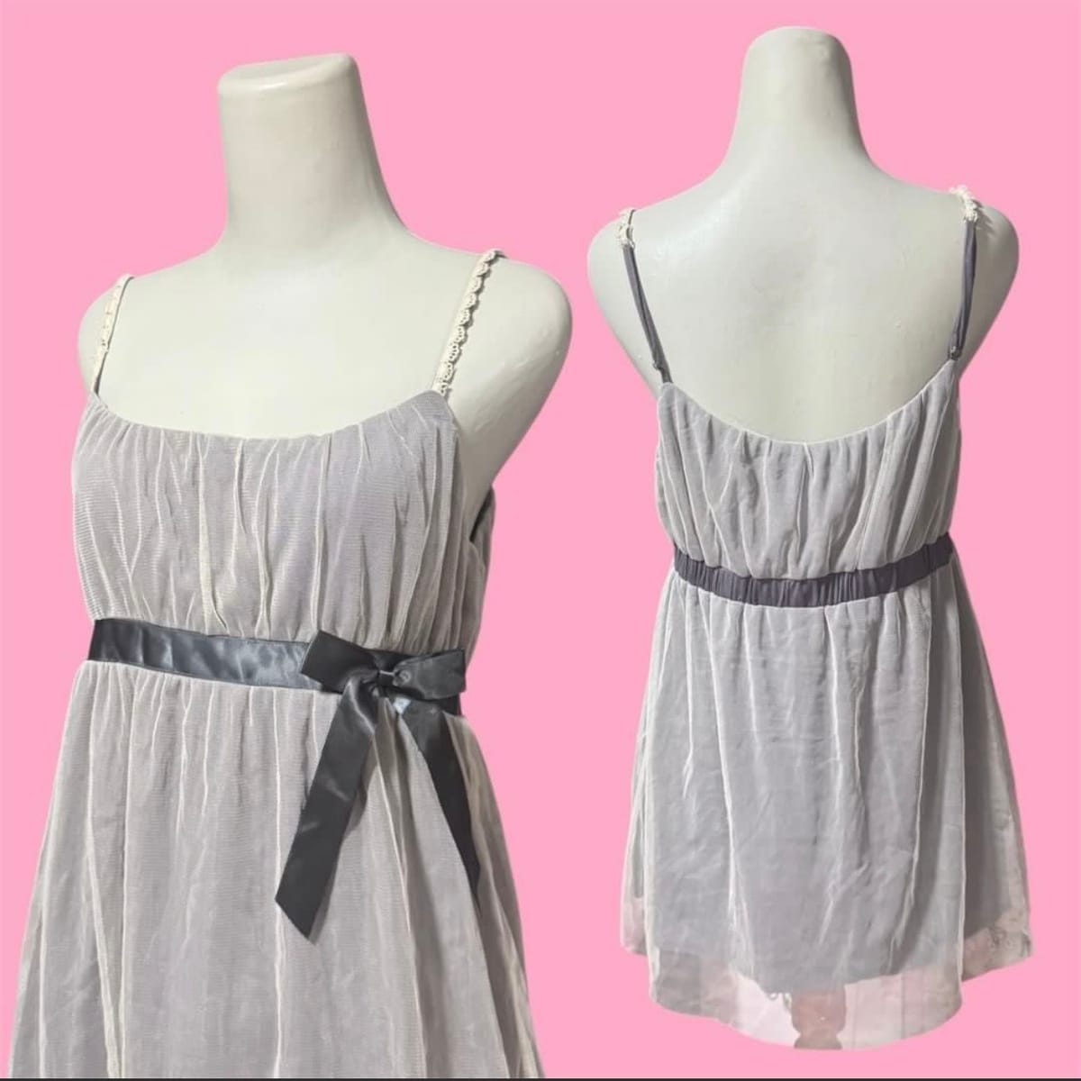 Y2K Grey Mesh Babydoll Cami Top w/ Ribbon 💕 - Photo 2