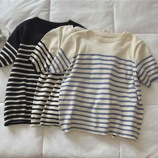 Sixth Sense Sixth Sense Women Black White Stripe Casual Office Work Formal Wear Short Sleeve Knit Shirt Top - Photo 2