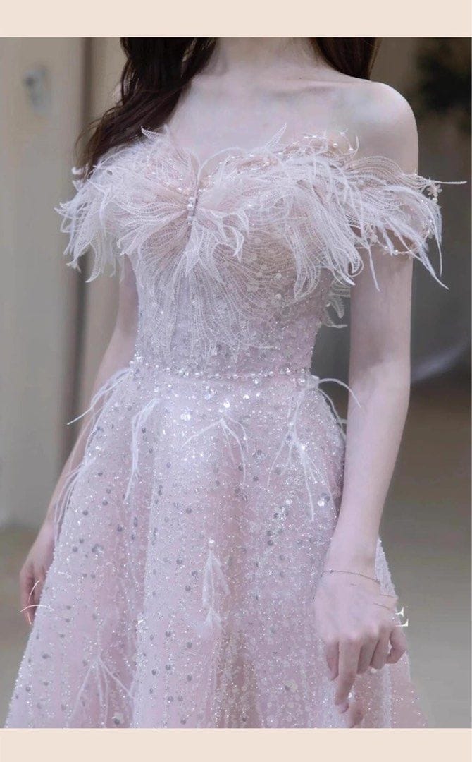 Ethereal Pink Off-Shoulder Feather Gown - Photo 6