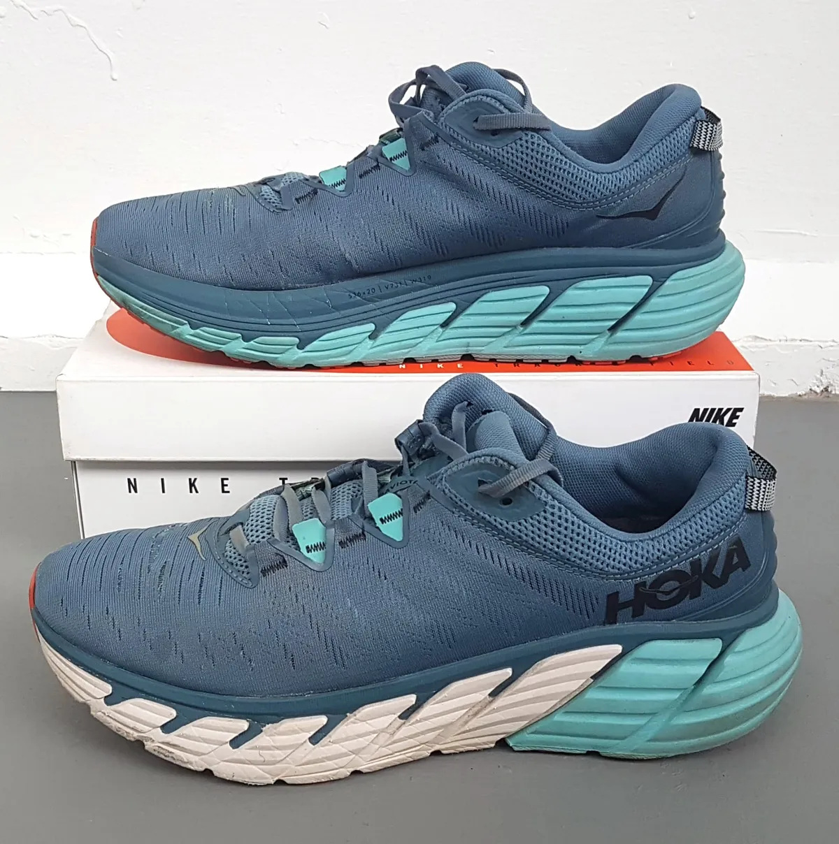 Original HOKA Designer Sneakers, GAVIOTA 3 Model, Cool Teal Blue Running Shoes Cosmopolitan, HOKA ONE ONE, France, US12D, UK 11.5, EUR 46 2/3, JP 30, Timeless Appeal, Urban Style, Pop Culture, Geek, Sophistication, Streetwise
