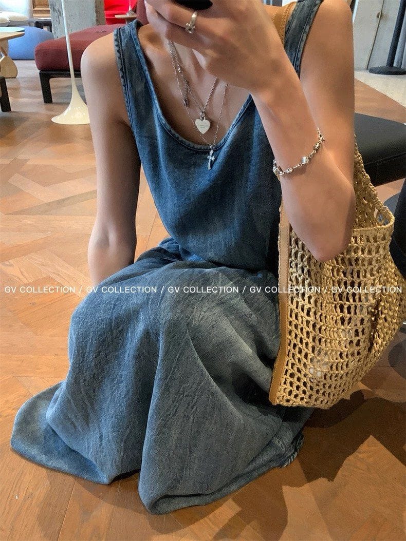 GV Collection Tencel Denim Cotton Belted Vest Dress Ruched A-Line Long Skirt for Women - Photo 4