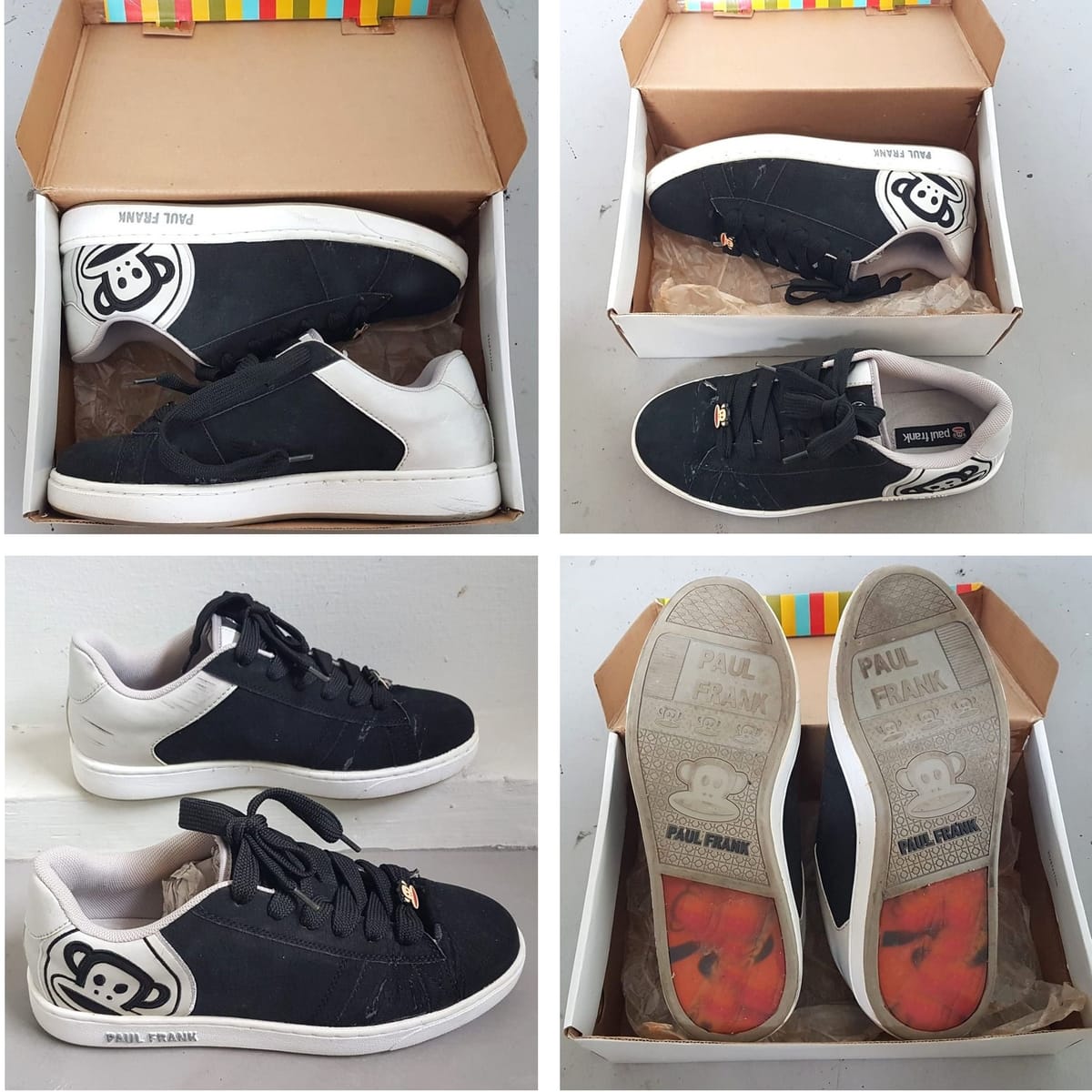 Original PAUL FRANK Designer Sneakers, Cool Black Gray Shoes, Cosmopolitan, Continental, US 10, UK 9, EU 44, JP 270, Trendy MONKEY Logo, Sleek Model, Sophistication, Timeless Appeal, Streetwise, Pop Culture, Hip Hop, Rock Star, Cult Street Fashion