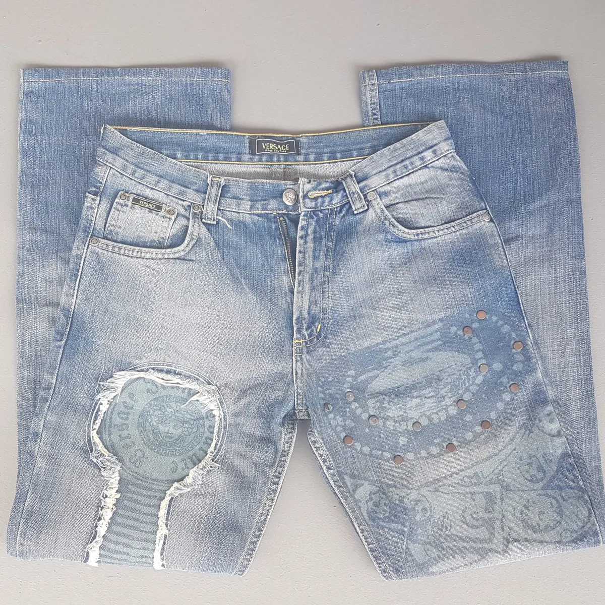 Versace Retro VERSACE Couture Denim Jeans, Made in ITALY, Haute Couture, Exquisite Patchwork, Medusa Logo, Bootcut Jeans, Gianni Versace Flare Bottoms, Luxury Living, ITALIAN Designer Wear, Distressed Look, Nostalgic, Vintage Pants, Timeless Classic - Photo 9
