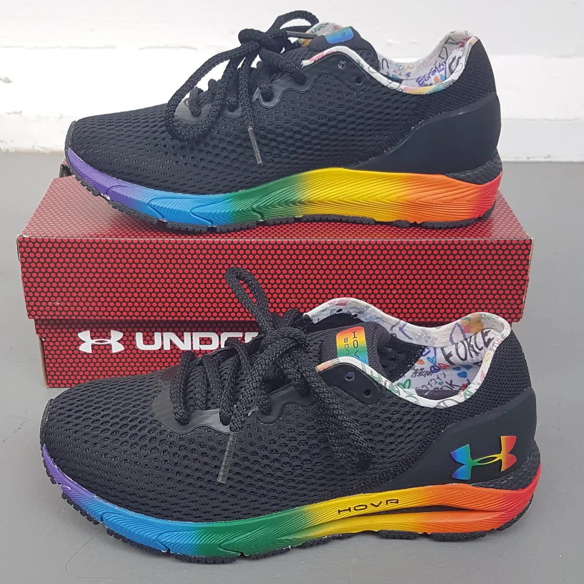 Under Armour Original UNDER ARMOUR Designer Sneakers, UA HOVR Sonic 4 Pride Shoes, US 6, UK 3.5, EUR 36.5, CM 23, Cosmopolitan, Black with Vibrant Rainbow Gradient Midsole, Pattern Inner Collar, Timeless Appeal, Urban Style, Pop Culture, Roadster, Cult Street Fashion - Photo 9