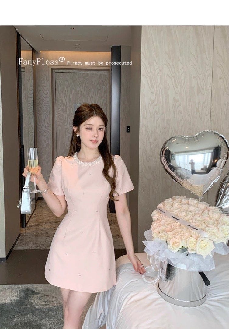 Fanyfloss French Slimming Party Short Dress Elegant Pearl-Accented Pink Mini Dress