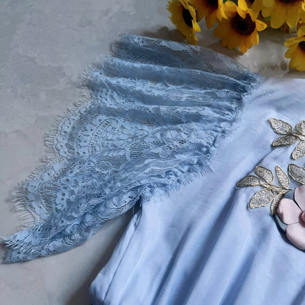Light Blue Lace Sleeve Floral Embellished Shirt Dress - Photo 6