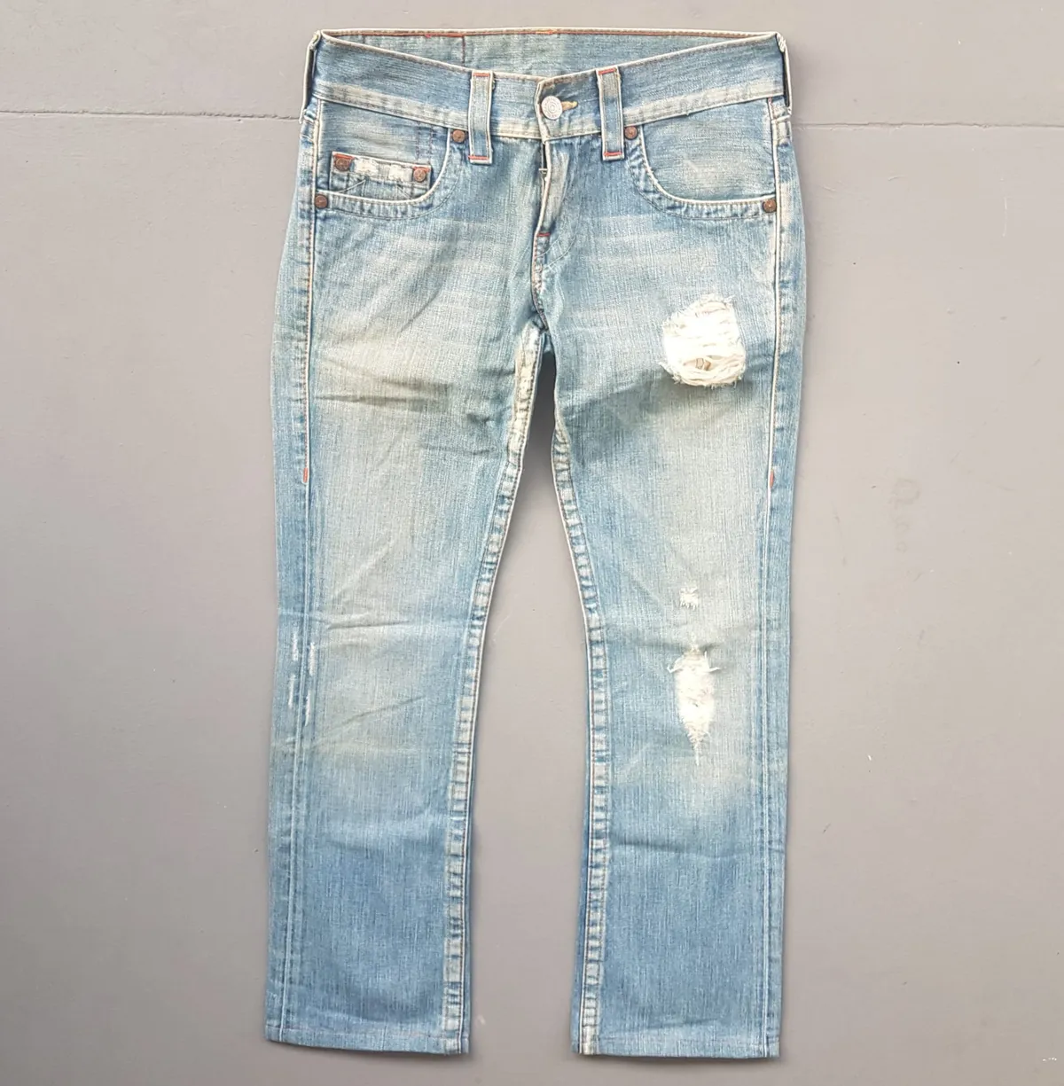 True Religion Retro True Religion Denim Jeans, Made in USA, Size 28, Versatile Bootcut Jeans, Flare Bottoms, Cosmopolitan, Distressed Design, Seasoned Look, Sophistication, Nostalgic Appeal, Vintage Pants, Timeless Classic, Luxury Living, Cult Street Fashion, Roadster - Photo 4