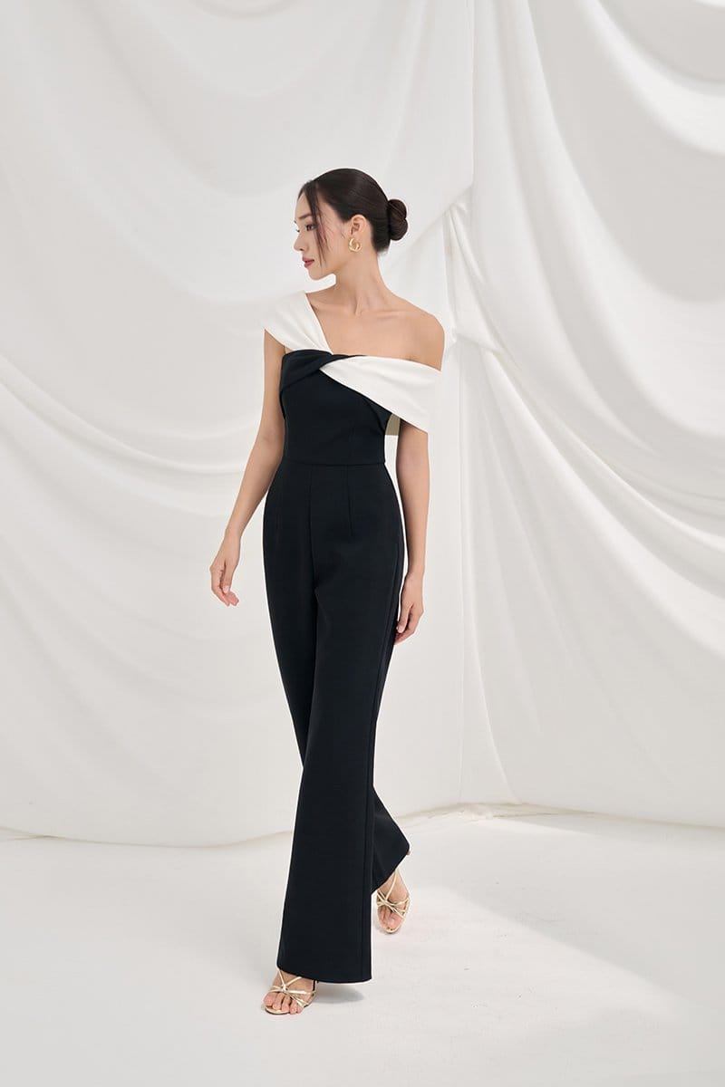 Chello Chello Gabrielle Padded Twist Bust Jumpsuit in Classic Black with White - Photo 2