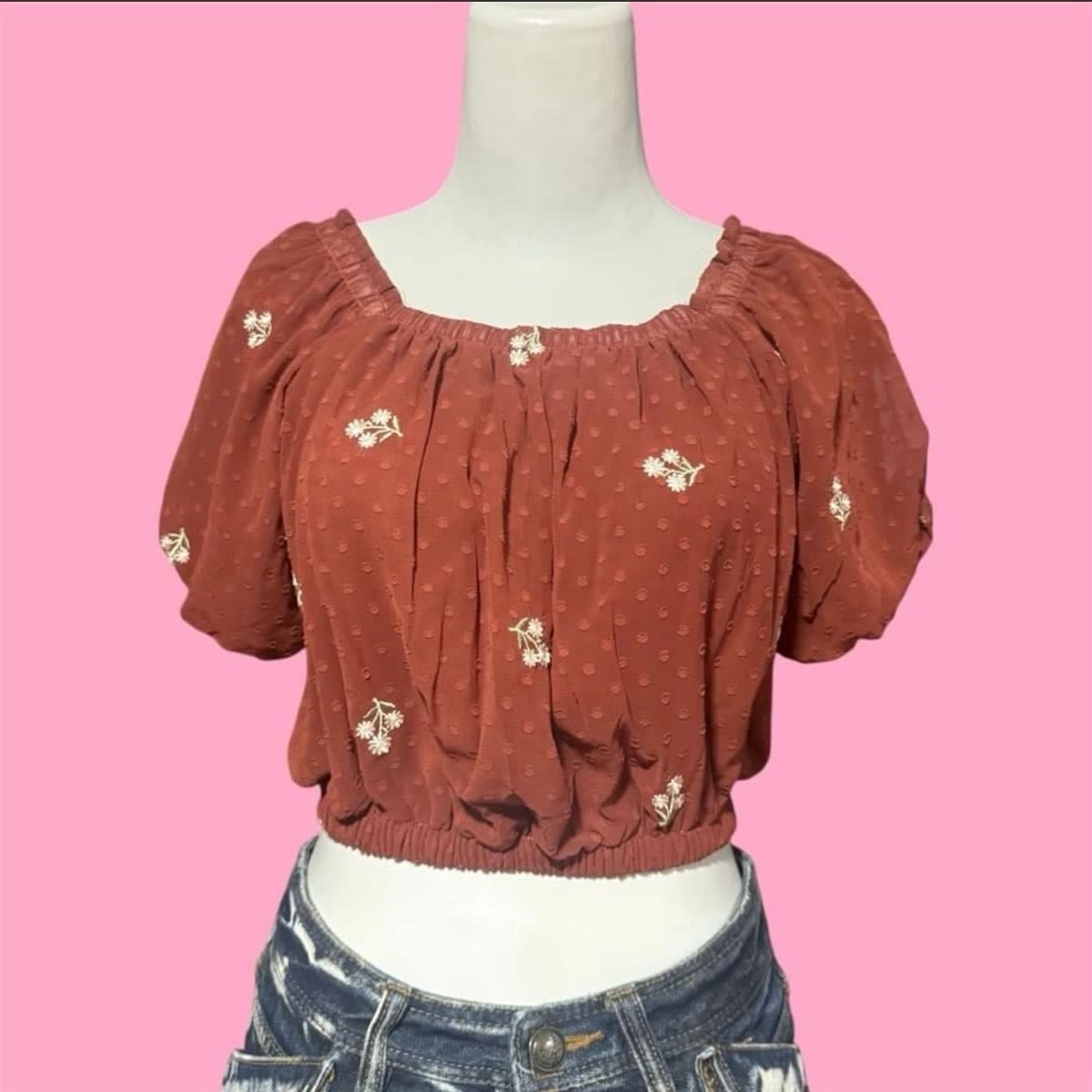 Rust Floral Puff Sleeve Crop Top - Photo 2