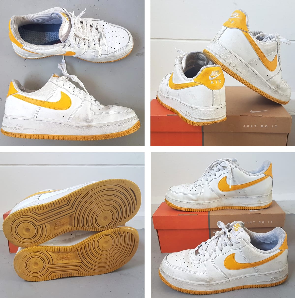 Retro 2007 NIKE Air Force 1 Sneakers, Universal Gold Model, Cosmopolitan, Cool White Leather Shoes, US 9.5, UK 8.5, EU 43, CM 27.5, Sleek AF1 Design, Sophistication, Timeless Appeal, Geek, Pop Culture, Hip Hop, Rock Star, Urban Style, Cult Street Fashion